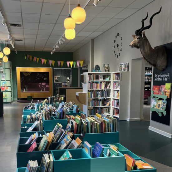 Børnebiblioteket på Silkeborg Bibliotek. Kasser med bøger, et udstoppet Kudu-hoved på væggen og en flagranke i baggrunden. 